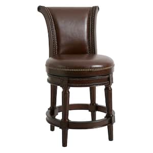 Chapman 26 in. Distressed Walnut High Back Wood Swivel Counter Stool with Brown Faux Leather Seat, 1-Stool