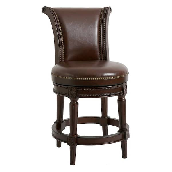 NewRidge Home Goods Chapman 26 in. Distressed Walnut High Back Wood Swivel Counter Stool with Brown Faux Leather Seat, 1-Stool