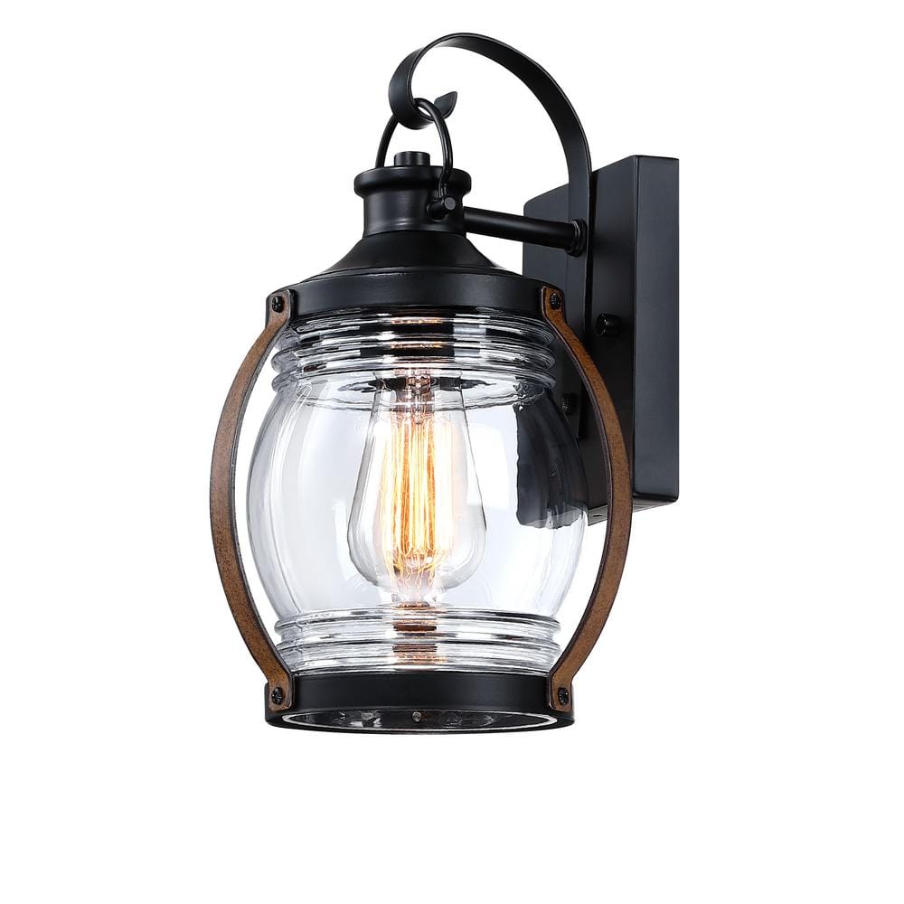 Hukoro Martin 1-Light Matte Black and Barnwood accents Outdoor Wall Lantern Sconce with Clear Glass