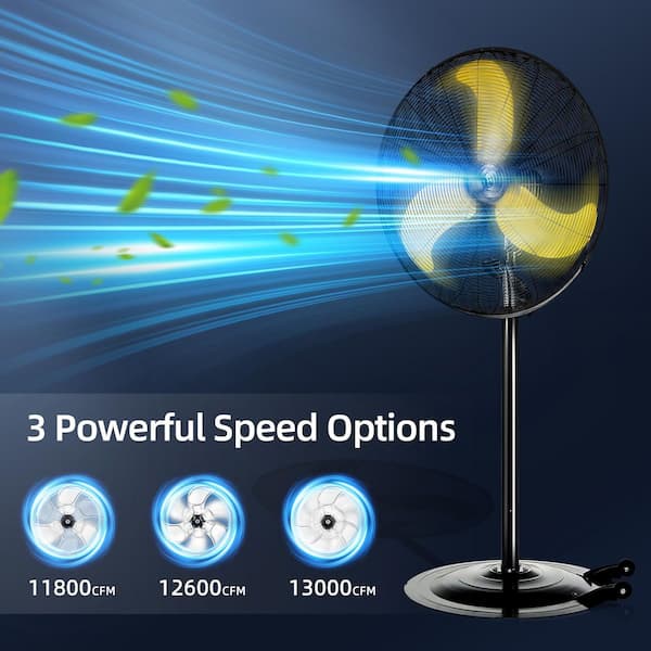 30 in. High Velocity 3-speed Industrial Pedestal Fan in Yellow, 80° Oscillating, Powerful Motor, 8300 CFM, UL Certified