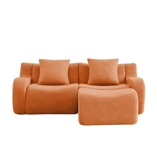82.7 in. Wide Slope Arm Teddy Fabric L-Shaped 2-Seat Boneless Reclining Sofa with Ottoman in Orange
