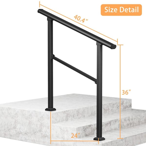 HOMEIBRO 36 in. H x 40.4 in. W Black Wrought Iron Stair Railing Kit Handrails for Outdoor Steps Fit 2 or 3 Steps (2-Pack)