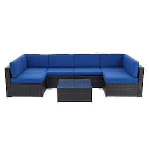 Outdoor Sectional 7-Piece Wicker Outdoor Patio Conversation Set with Blue Cushions and Tempered Glass Table