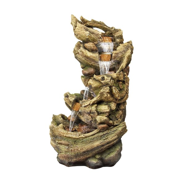 Alpine Corporation 47 in. Tall Outdoor 5-Tier Tree Trunk Waterfall Floor Fountain with LED Lights
