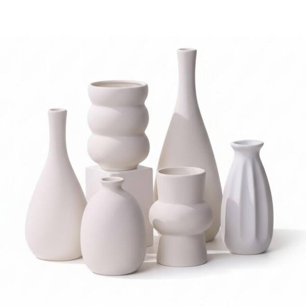 4.1 in. White Ceramic Artificial Plant Vase Set, 9-Piece, Neutral