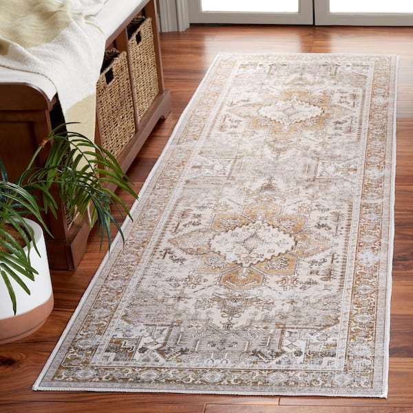 Arizona Beige/Gold 3 ft. x 10 ft. Machine Washable Transitional Medallion Runner Rug