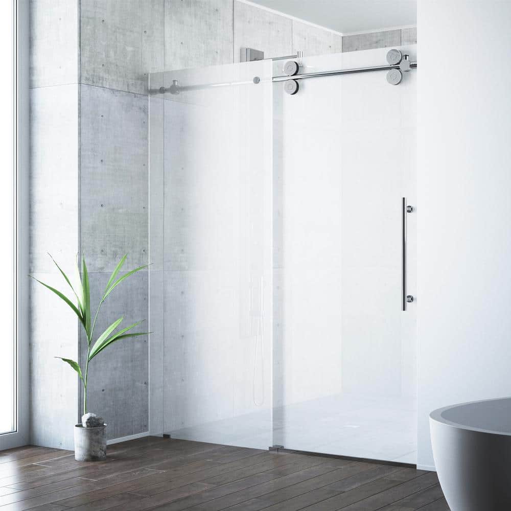 Frameless 60" Frosted Glass Sliding Shower Door with Brushed Stainless Steel Hardware