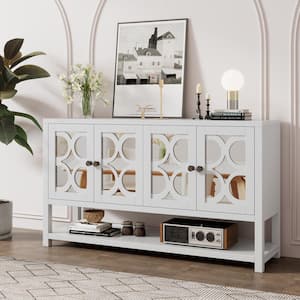 60 in. White Rectangle MDF Console Table with Mirrored Doors and Open Shelf