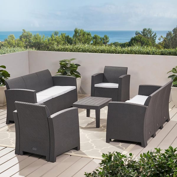 Noble House 5-Piece Faux Wicker Patio Conversation Set with Light Gray Cushions