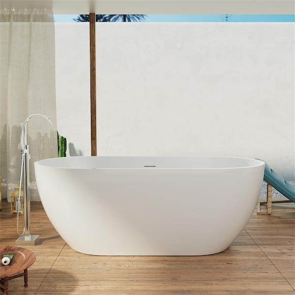 MYCASS 59 in. W x 28.34 in. L Acrylic Flatbottom Freestanding Soaking Bathtub with Center Drain in White