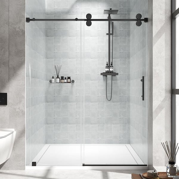 56 in. to 60 in. W x 76 in. H Sliding Frameless Shower Door in Matte Black with 3/8 in. (10 mm) Tempered Glass