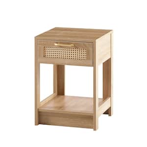 Anky 15.75 in. Natural Wood Rectangle MDF Rattan End Table 1-Drawer Modern Nightstand Side Table for Living Room