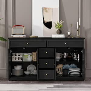 Black Wood 59.1 in. W Sideboard with 2-Large Drawers, 3-Small Drawers and 2-Cabinets 33.5 in. H x 15.7 in. D