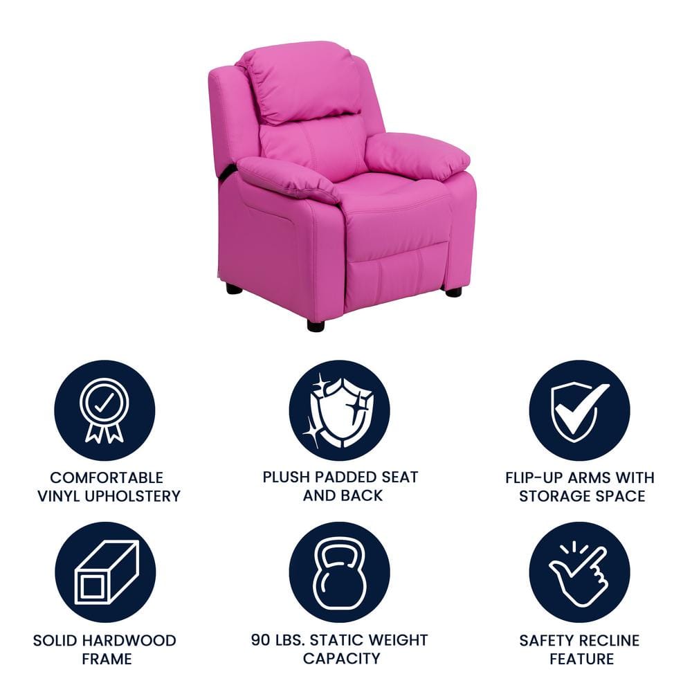 Kids Hot Pink Microfiber Recliner with Storage Arms