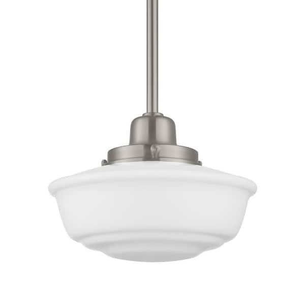 Hampton Bay Belvedere Park 1-Light Brushed Nickel Pendant Hanging Light with Frosted Opal Glass Shade, Farmhouse Kitchen Lighting