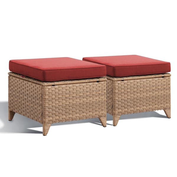 Opohoro ArcoBay Metal and Yellow Wicker Outdoor Ottoman with Olefin Red Cushion (2-Pack)