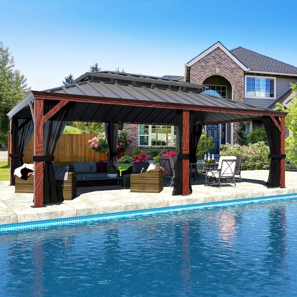 20 ft. x 12 ft. Wood Grain Aluminum Hardtop Gazebo Double Roof with Netting