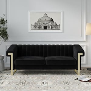 83.86 in. W Square Arm Velvet Mid-Century Straight Channel-Tufted 3-Seater Sofa in Black with Stainless Steel Leg