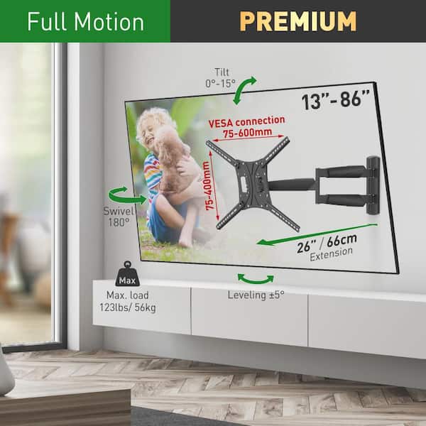Barkan 13 in. to 75 in. Black Full Motion - 4 Movement Long Premium Flat/Curved TV Wall Mount Extremely Extendable
