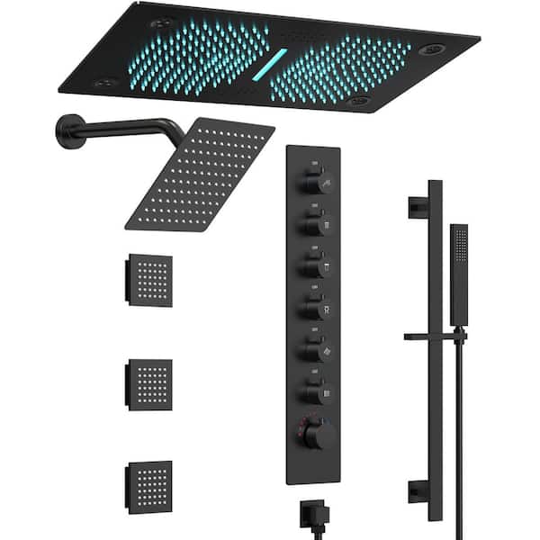 GRANDJOY Aurora 28 in. Mood Light Speaker 3-Jet Shower System with 8 in. Shower Head, Handheld, Thermostatic Valve in Matte Black