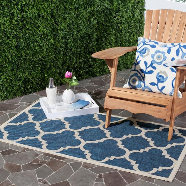 Courtyard Navy/Beige Doormat 2 ft. x 4 ft. Geometric Indoor/Outdoor Patio Area Rug