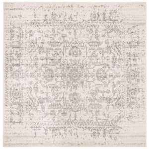 Madison Silver/Ivory 12 ft. x 12 ft. Geometric Border Floral Medallion Square Area Rug