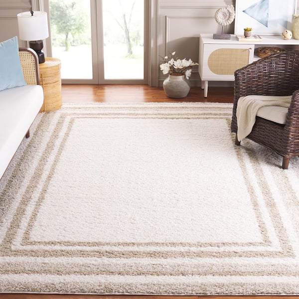 Border and Stripe Shag 7 ft. x 7 ft. Ivory/Beige Concentric Border square Area Rug