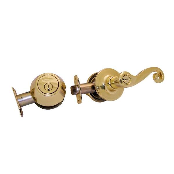 Defiant Scroll Polished Brass Lever Entry Combo with Single Cylinder Deadbolt