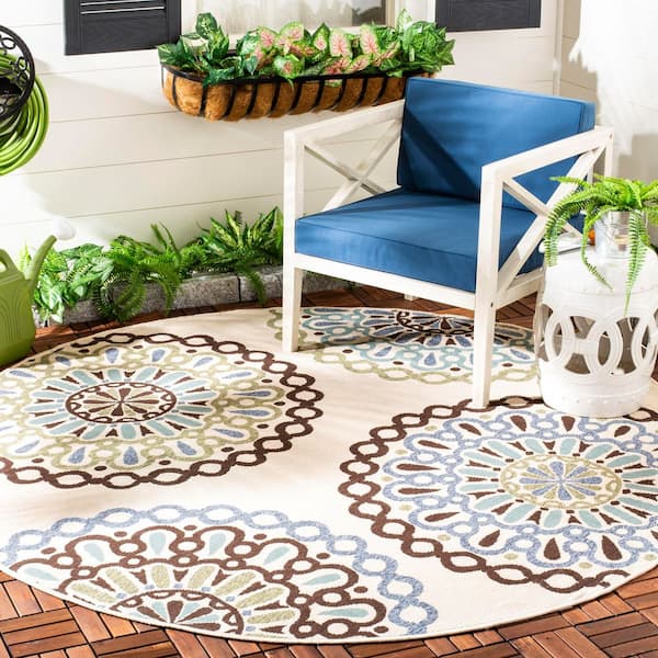 Veranda Cream/Blue 7 ft. x 7 ft. Round Floral Indoor/Outdoor Patio  Area Rug