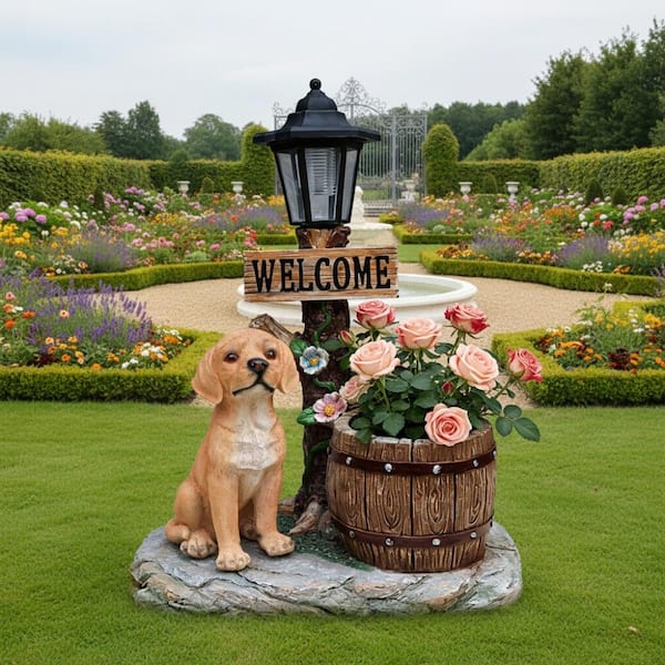Labrador Dog Solar Planter Garden Statue, Resin Outdoor Decor with