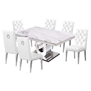 Ada 7-Piece White Marble Top with Stainless Steel Base Table Set with 6-White Faux Leather Chairs with Tufted Buttons