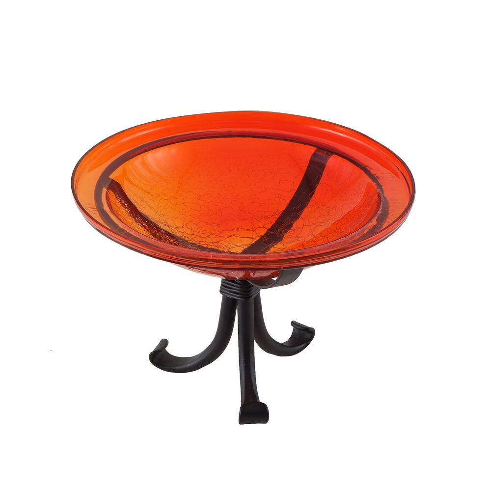 Red Hand Blown Crackle Glass Birdbath with Wrought Iron Stand
