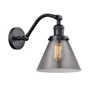 Cone 8 in. 1-Light Matte Black Wall Sconce with Plated Smoke Glass Shade