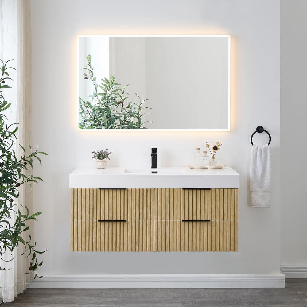 Livia 48" Nature Brown Fir Wood Wall-Mounted Vanity with White Sink