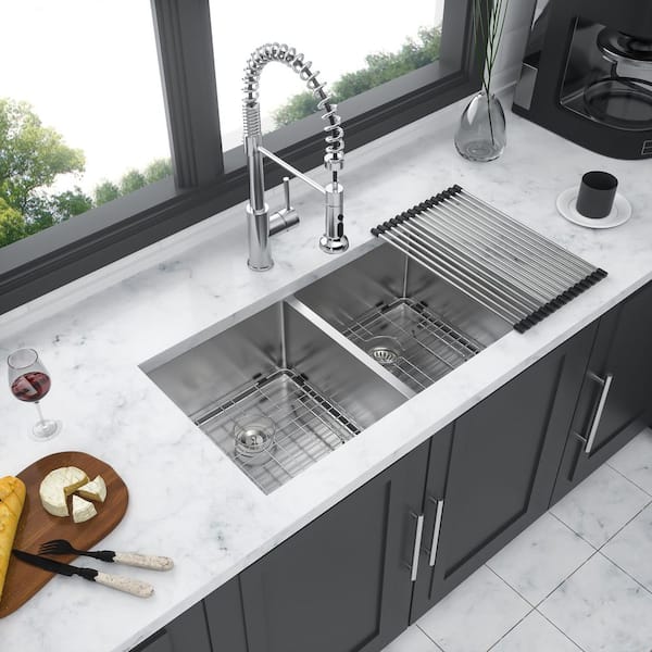 Lindra 30 in. x 19 in. Undermount Double Bowl 16-Gauge Stainless Steel Kitchen Sink with Accessories