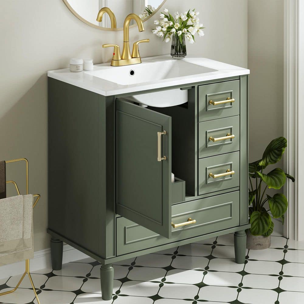 Bezeit 30 in. Single Sink Olive Green Bath Vanity with White Ceramic ...