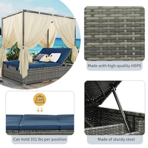 6-Seat Adjustable Back Wicker Outdoor Day Bed with Curtain and Blue Cushions