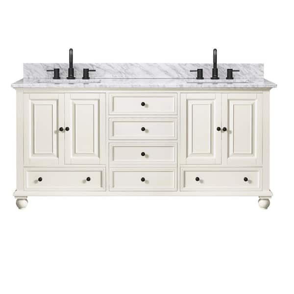 Thompson 73 in. Double Sink French White Bath Vanity with Carrara White Marble Top