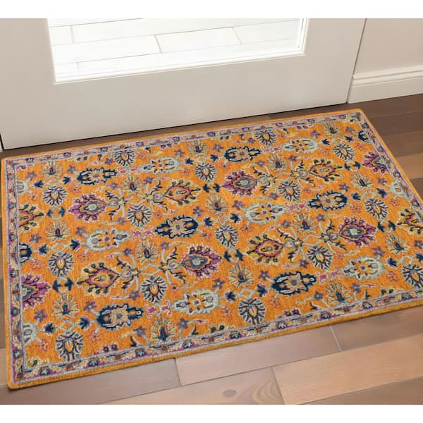 2 ft. x 3 ft. Orange Purple And Blue Wool Floral Hand Tufted Area Rug