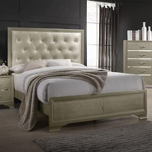 Beaumont Gold Wood Frame Queen Panel Bed with Upholstered Headboard and Footboard