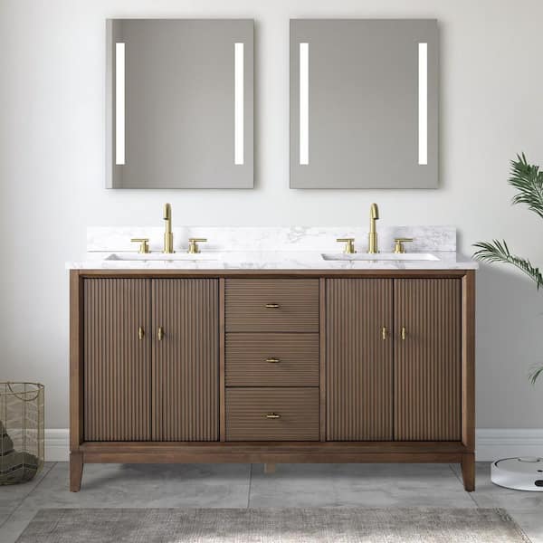 60 in. W x 34 in. H Double Sink Walnut Bath Vanity Cabinet with Arabescato White Engineered Marble Top