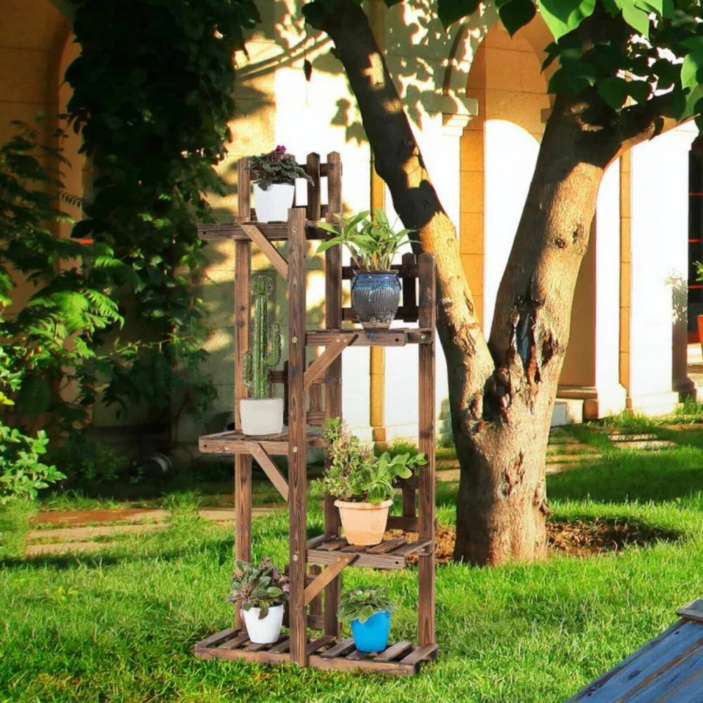 5-Tier Dark Brown Solid Fir Wood Plant Stand