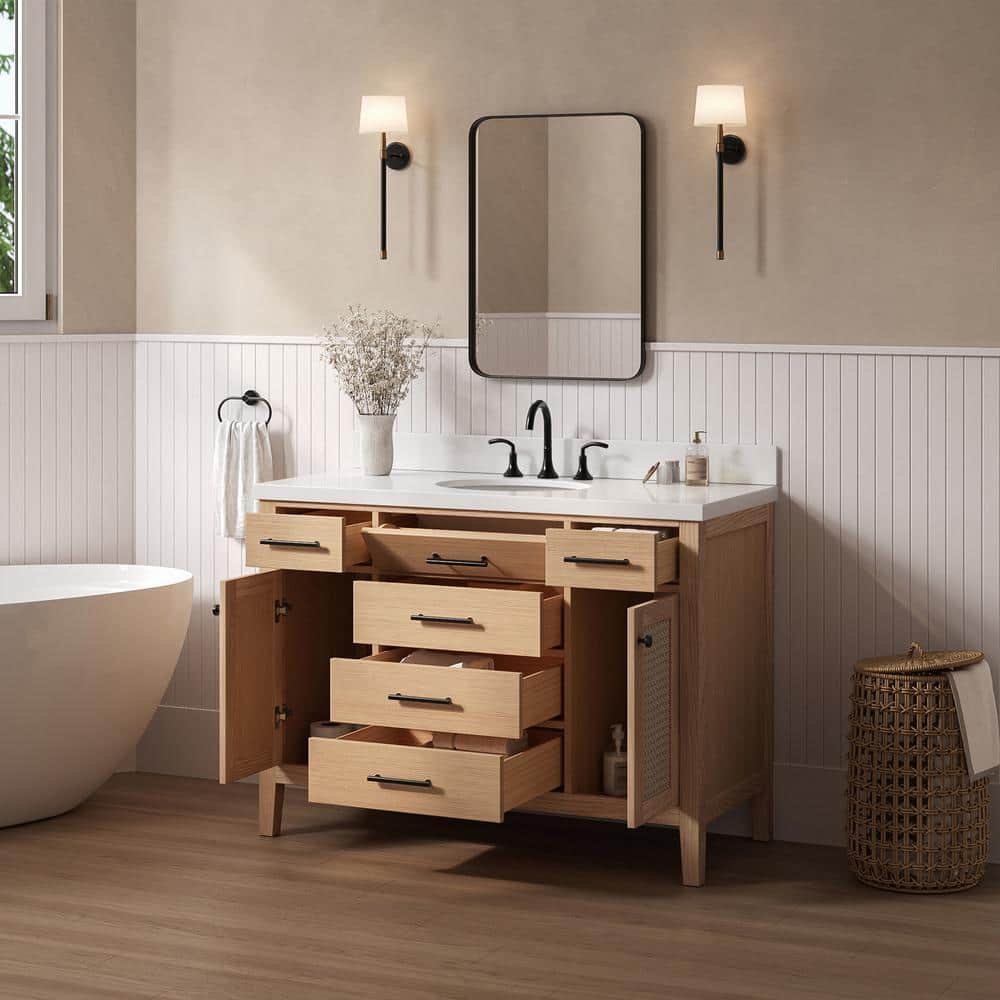 Camila 49" Light Brown Wood Single Sink Bathroom Vanity with White Quartz Top