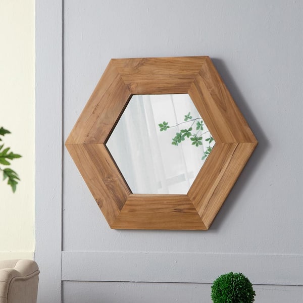 Blisstyle Brown 21.5 in. W x 18.5 in. H Art Deco Hexagon Wood Framed Mirror Wall Mirror Wall Decor Mirror