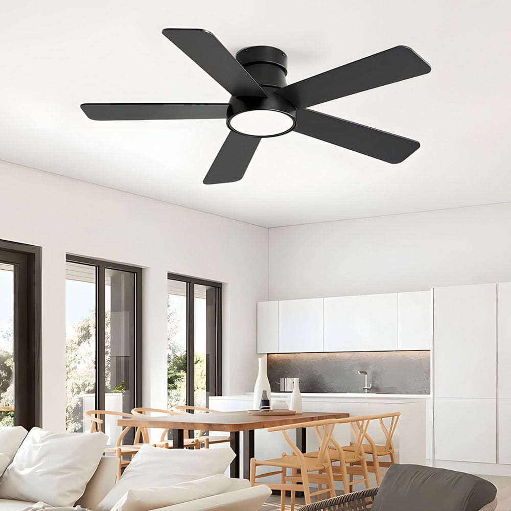 HINNIXY 42 in. Indoor Black Low Profile Standard Flush Mount Ceiling Fan with Light and Remote Control and 3CCT 6-Speed DC Motor F-DS42BK-1X01HD