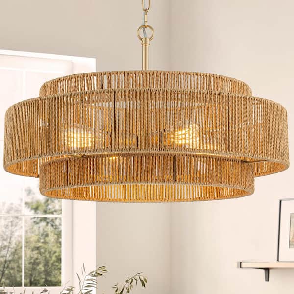 4-Lights Yellow French/Bohemian 3-Tier Hand-woven Drum Hanging Pendant Light