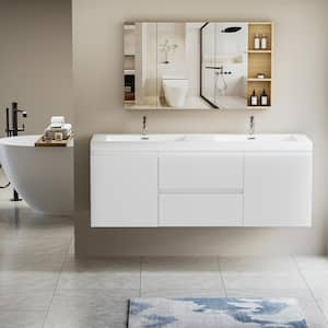 Achilles 59 in. W. x 20 in. D x 22.5 in. H Double Sink Floating Bath Vanity in Glossy White with White Resin Top