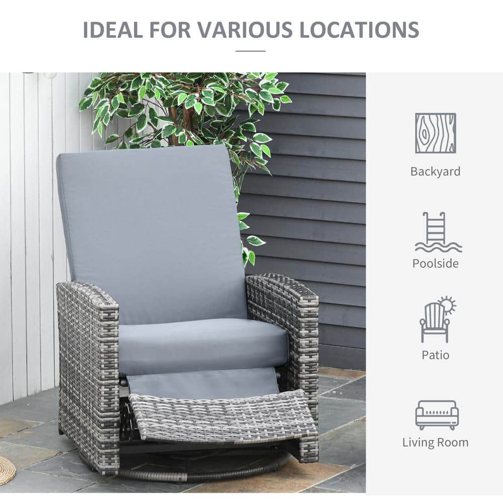 Gray Wicker Swivel Recliner Chair with Cushions