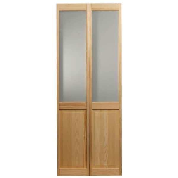 Pinecroft 31.5 in. x 80 in. Frosted Glass Over Raised Panel 1/2-Lite Frost Pine Wood Interior Bi-fold Door