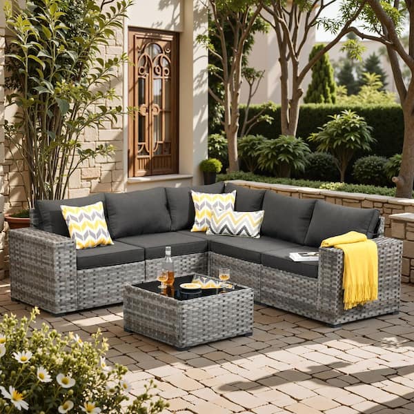 Baldwin Gray 6-Piece Wicker Wide Arm Outdoor Patio Conversation Sofa Sectional Seating Set with Black Cushions
